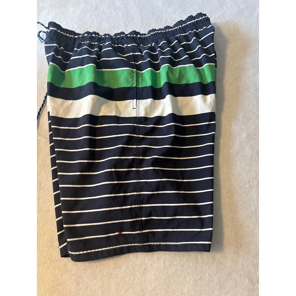 Tommy Hilfiger Mens Striped Swim Trunks Navy Blue‎ Green Board Shorts Large